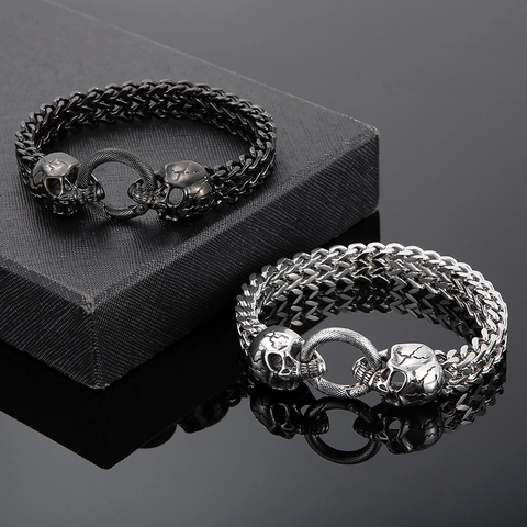 Men Stainless Steel Bracelet With Double Skull Head Woven Chain Ring Buckle Punk Hip Hop Gothic Jewelry Rock Style