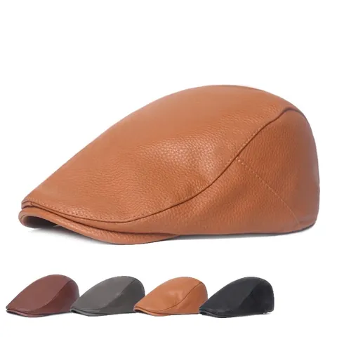 Casquette Plate Homme Style Britannique Vintage Cuir PU Motif Lychee Ajustable Chaude Newsboy Ivy Hat Rétro
