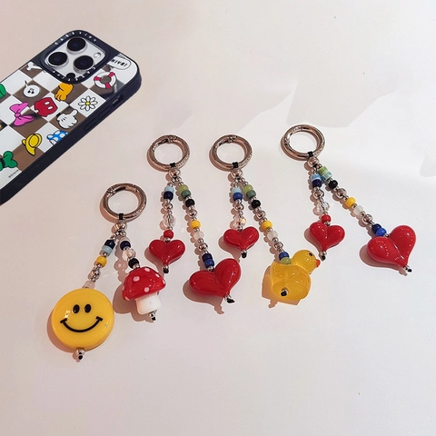 Cute Heart Beaded Keychain Acrylic Cartoon Duck Cloud Phone Strap Dopamine Style Bag Pendant For Women Girls Gift