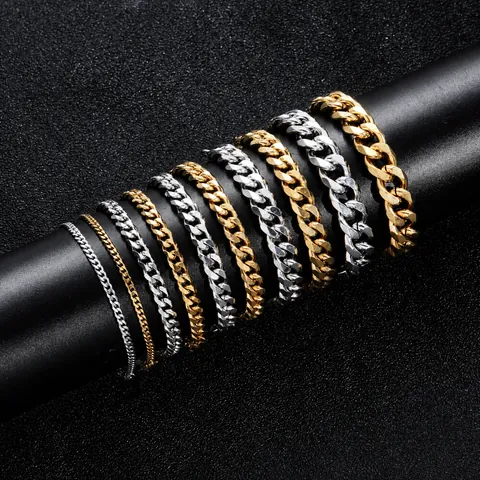 Stainless Steel Cuban Link Chain Bracelet Hip Hop Polished Metal Jewelry For Men And Women With Lobster Clasp