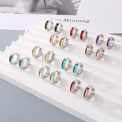 Minimalist Hoop Earrings Stainless Steel With Rectangular Colorful Zircon Geometric Korean Fashion Jewelry For Men Women