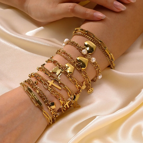 Bracciale Multistrato In Acciaio Inossidabile Placcato Oro 18K Perla Artificial Sintetica Cuore Croce Farfalla Piastra Good Luck Per Donna