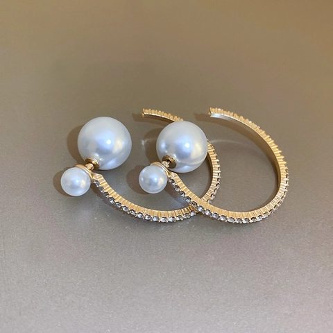 Pendientes De Botón Con Doble Perla Artificial En Forma De C Con Aleación De Diamantes De Imitación Y Poste De Plata De Ley 925 Para Mujer