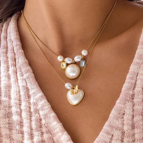 Collar de Acero Inoxidable con Perlas Artificiales para Mujer Chapado en Oro Colgante de Corazón Mariposa Strass Joyería