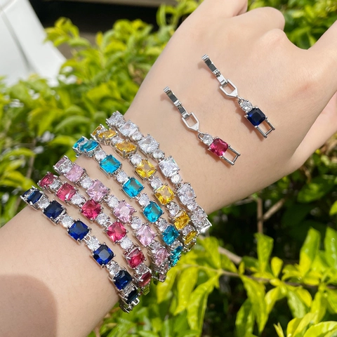 Luxurious Geometric Square Zirconia Tennis Bracelet Copper Gold Plated Elegant Party Wedding Bracelet Jewelry For Women