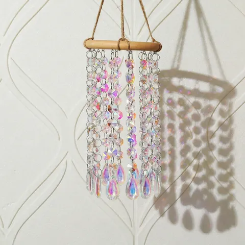 Crystal Suncatcher Wind Chime Wooden Ring Iridescent Hanging Decoration For Garden Patio Window Bohemian Minimalist Style