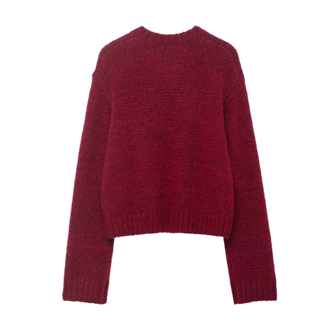 Dames Wijnrode Gebreide Trui Mohair Textuur Lange Mouwen Ronde Hals Kralen Dierlijk Patroon Winter Warm Elegant