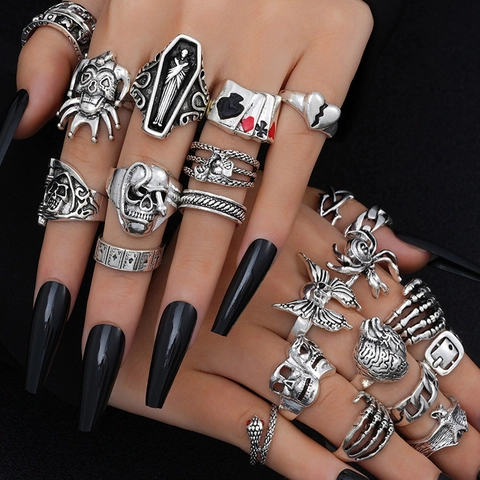 Gothic Retro Punk Alloy Ring Set For Men Women Skull Bat Spider Skeleton Finger Rings Halloween Party Jewelry