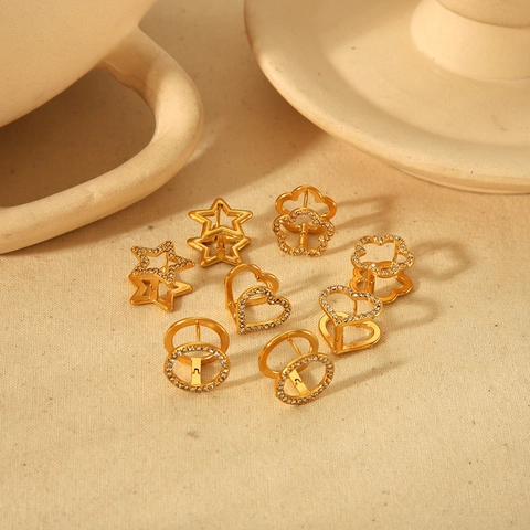 Stainless Steel Hoop Earrings 18K Gold Plated Star Heart Flower Round Design Pavé Cubic Zircon Hollow Chic Jewelry For Women