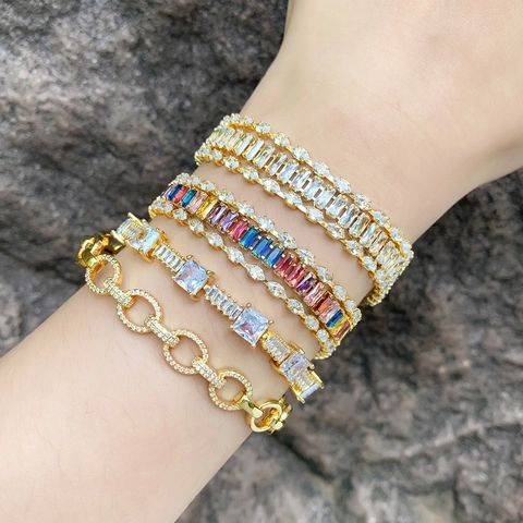 Luxury Copper Gold Plated Full Zirconia Bracelet For Women Multicolor White Zircon Chain Hand Jewelry Fashion Gift