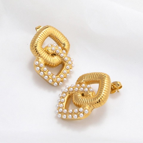 Stainless Steel Interlocking Geometric Rhinestone Hoop Earrings And Twisted Ring Artificial Pearl Stud Earrings For Women