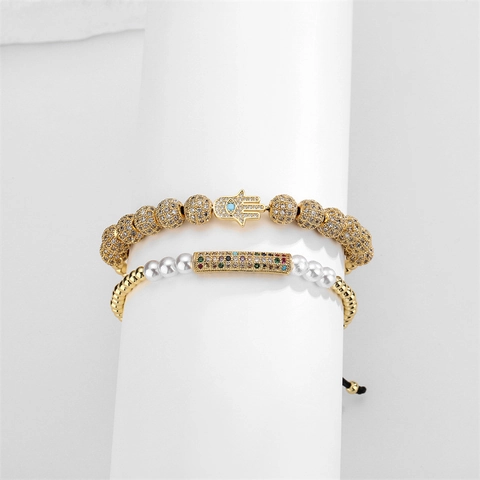 Hamsa Hand Böser Blick Verstellbares Künstliche Perlenarmband Kupfer Mikro Pave Zirkon Herz Künstliche Perle Gewebtes Seil Schmuck Damen