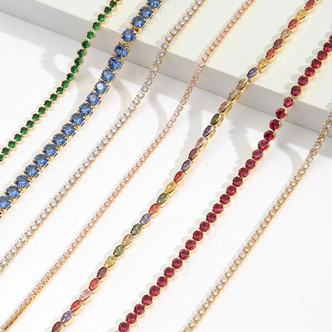 Bunte Zirkonia Tennis Halskette Und Armband Für Damen Kupfer 18K Vergoldet Verstellbare Gleitkette Retro Eleganter Schmuck
