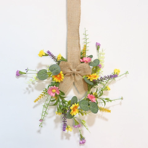 Kunstbloemen Krans Met Linnen Strik Lavendel Madeliefje Polyester Papier Landelijk Zomer Deur Wand Decoratie