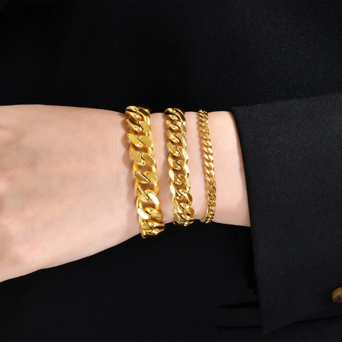 Pulsera Cadena Cubana Cuerda Acero Inoxidable Chapado Oro Mujer Joyería Minimalista Ajustable Pulida
