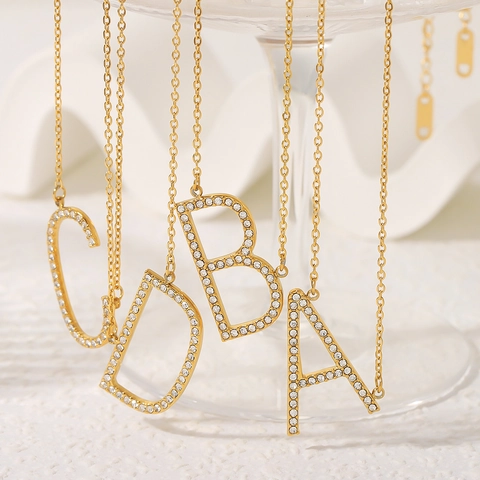 Initial Letter Pendant Necklace 18K Gold Plated Stainless Steel Rhinestone Inlaid Minimalist Jewelry For Women