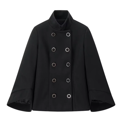 Cappotto Cappa Di Lana Da Donna Collo Alto Giacca Corta Doppio Petto Stile Britannico Elegante Nero