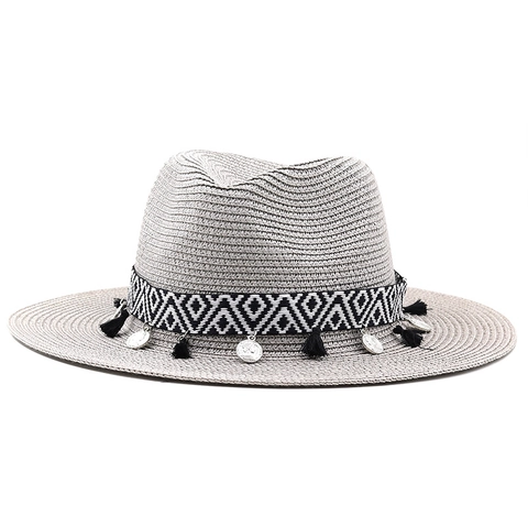 Cappello Fedora In Paglia Bohemien Con Fascia Geometrica Nappine E Ciondoli In Metallo Traspirante Tesa Larga Protezione Solare Estate Mare Unisex