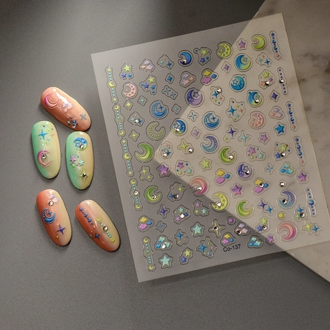 Adesivi Per Unghie 5D Rilievo Luna Stelle Nuvole Macaron Romantico Stile Ins Con Strass Manicure Art
