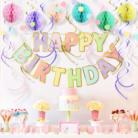 Gelukkige Verjaardag Banner Decoraties Papier Honingraat Ballen Slingers En Cirkel Stip Guirlande Macaron Kleurrijke Feest Decor