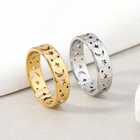 Hollow Star Moon Edelstahl Ringe Geometrische Gold Silber Vergoldet Mode Punk Schmuck Für Männer Frauen Unisex