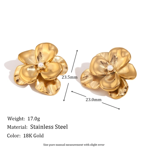 Pendientes De Botón Con Pétalos De Flores Retro Francés De Acero Inoxidable Chapado En Oro De 18K Con Perla Artificial Para Mujer