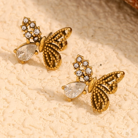 Butterfly Stud Earrings Stainless Steel 18K Gold Plated Delicate Zircon Asymmetrical Exquisite Fashion Jewelry For Women