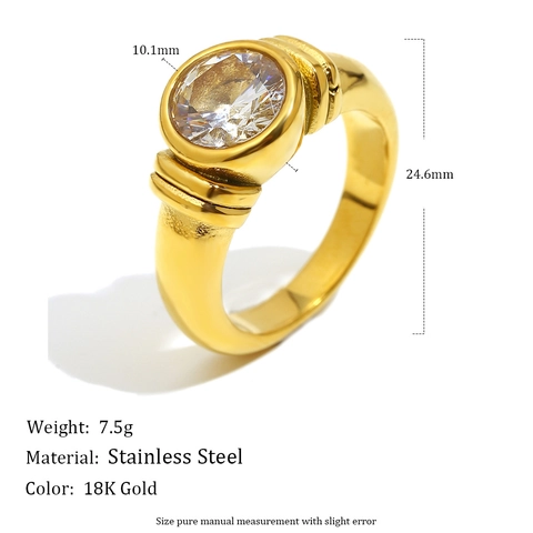 Runde Zirkon Ring Edelstahl 18K Vergoldet Breites Band Lünettenfassung Geometrisch Retro Luxus Schmuck Für Frauen