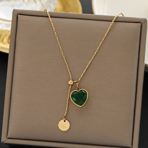 Emerald Green Heart Stainless Steel Necklace For Women Gold Plated Adjustable Drawstring Love Tag Elegant Jewelry Gift