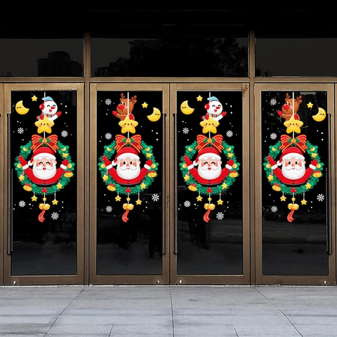 Christmas Window Static Stickers Santa Claus Reindeer Wreath PVC Double Sided Glass Decals Holiday Party Shop Decor