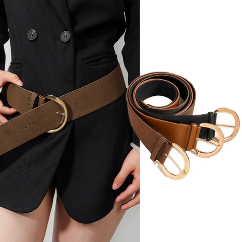 Women Wide Corset Belt Vintage PU Leather Suede Round Alloy Buckle Waistband For Dresses Shirts Casual Elegant Fashion Accessory