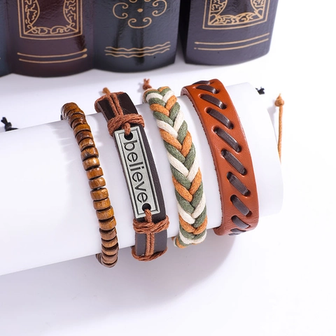 Pulsera Multicapa Hombre Cuero Cuentas Madera Cuerda Trenzada Placa Metal Believe Joyería Vintage Hecha Mano