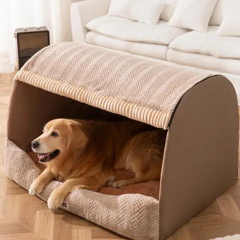 Semi Enclosed Pet Bed Warm Plush Cave House For Dogs And Cats Anti Slip Cat Scratch Leather Winter Sleeping Nest