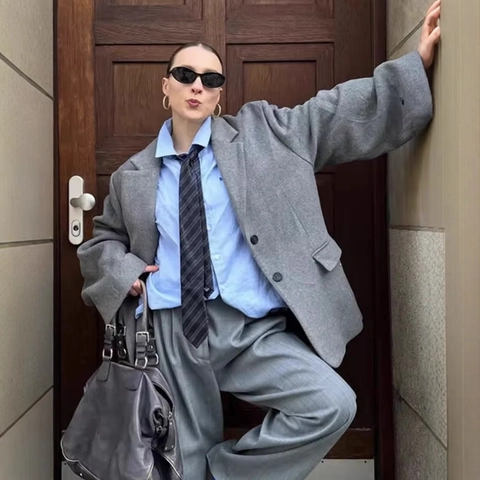 Damen Oversized Blazer Mode Lässig Revers Einreihig Langarm Space Gray Jacke Für Die Arbeit