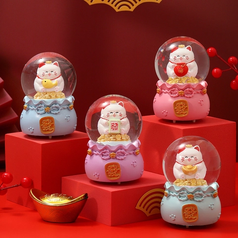New Year Glowing Crystal Ball Ornament Lucky Cat God Of Wealth Resin Snow Globe Cute Desktop Decor Festive Gift