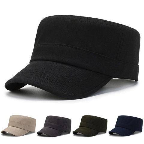 Men Cadet Cap Flat Top Military Hat Cotton Canvas Adjustable Back Metal Buckle Outdoor Leisure Fashion Solid Color Men