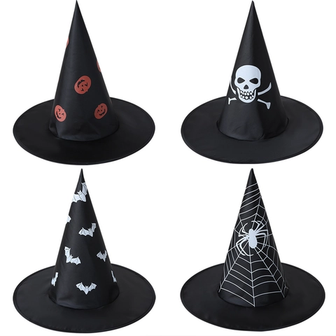 Halloween Witch Wizard Hat Oxford Cloth Printed Bat Skull Spider Web Pumpkin Cosplay Party Costume Props Pointed Wide Brim