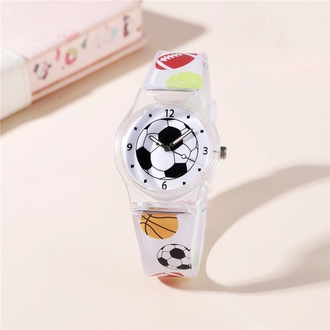 Kinder Quartz Analog Uhr Transparentes Kunststoffarmband Fußball Blumen Fruchtmuster Legierungsgehäuse Armbanduhr