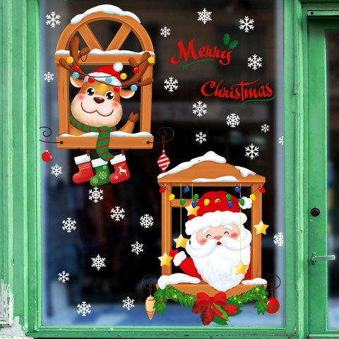 Christmas Window Clings Santa Claus Reindeer Snowflake Static Stickers Waterproof Holiday Glass Door Decoration DIY Mural