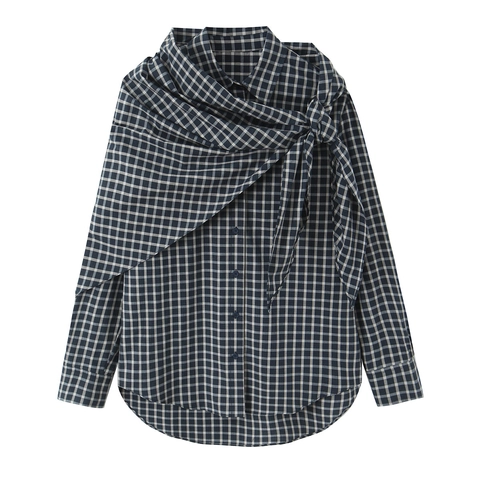 Karo Bluse Langarm Hemd Mit Schal Detail Mode Lässig Marineblau Weiß Gitter Oberteil Für Damen