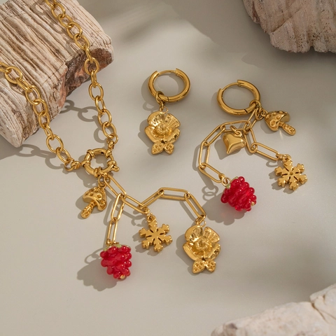 Pilz Beere Blume Halskette Und Ohrringe 18K Vergoldet Edelstahl Asymmetrischer Hypoallergener Schmuck Für Frauen