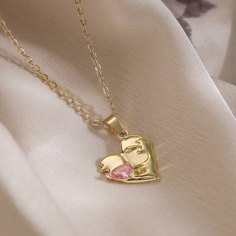 Herz Anhänger Halskette Kupfer Gold Überzogen Rosa Zirkon Unregelmäßige Schmelzform Eleganter Schmuck Für Frauen