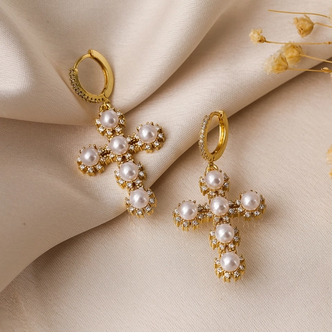 Orecchini Pendenti A Croce Rame Placcato Oro Con Perla Artificial E Zirconia Gioielli Eleganti Per Donne Stile Ins
