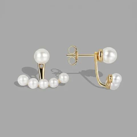 Elegant Copper 18K Gold Plated Artificial Pearl Arc Ear Jacket Stud Earrings For Women With 925 Sterling Silver Post