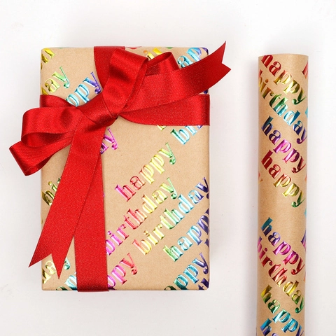 Happy Birthday Gift Wrapping Paper Roll Kraft Paper Rainbow Hot Stamping Letters Colorful Festive Party Decorative Paper
