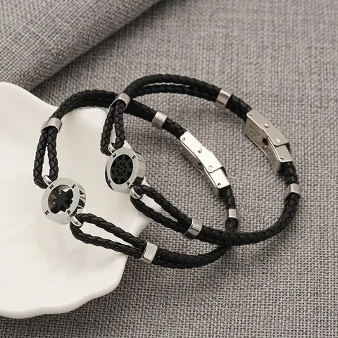 Heren Gevlochten Leren Armband Roestvrij Staal Anker Kompas Nautische Ster Bedel Vintage Sieraden Unisex