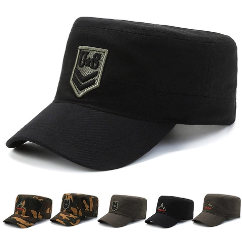 Mens Cadet Cap Military Style Flat Top Hat Adjustable Cotton Canvas Outdoor Sunshade Tactical Camouflage Solid Embroidery