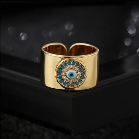 Evil Eye Open Ring Gold Plated Copper Micro Inlaid Cubic Zirconia Adjustable Wide Band Jewelry For Women