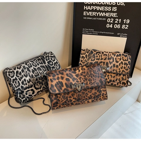 Leopard Print Shoulder Bag PU Leather Retro Square Chain Crossbody Bag With Metal Lock Street Style For Women Trendy