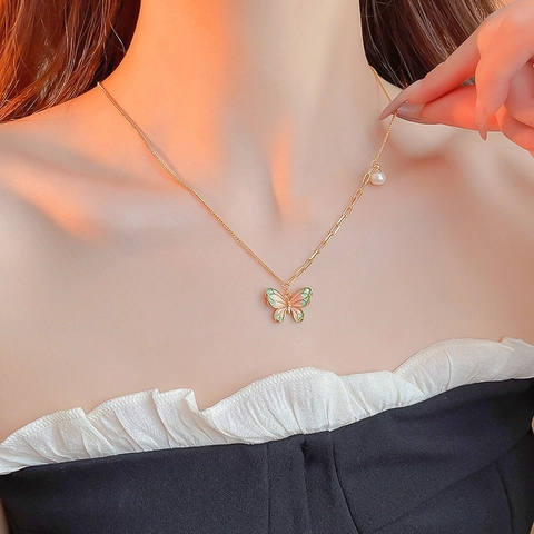 Copper Butterfly Pendant Necklace For Women Real Gold Plated Enamel Wings Asymmetrical Clavicle Chain With Imitation Artificial Pearl